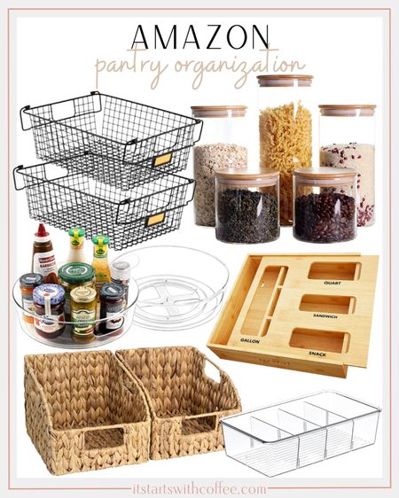 Pantry organization from Amazon includes wire baskets, glass canisters with wooden lids, ziplock storage, acrylic lazy Susan, sectioned acrylic organizer, and woven basket storage.

Home decor, home organization, storage solutions, organization, kitchen organization 

#LTKstyletip #LTKhome #LTKunder50