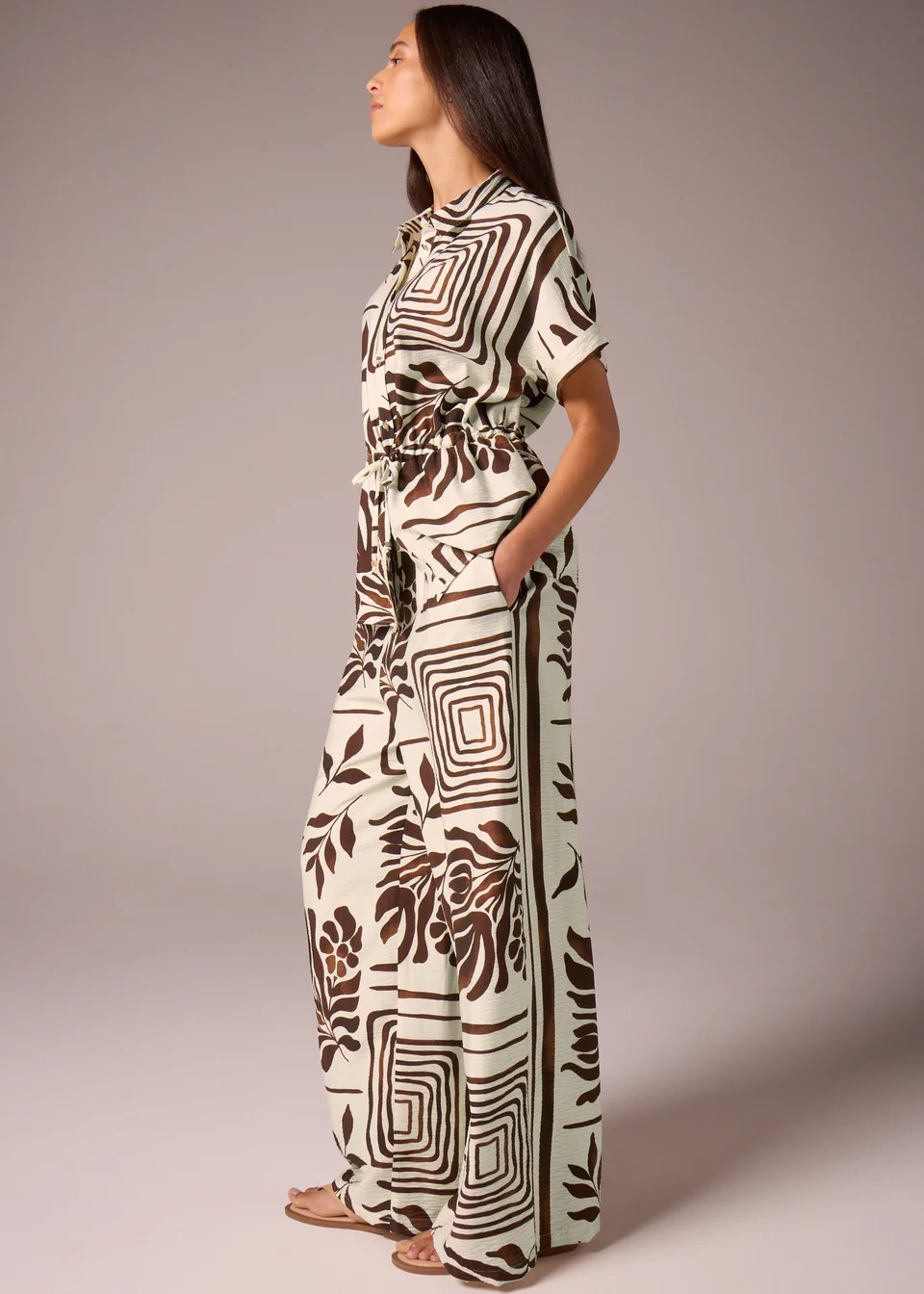 Et Vous Brown Abstract Leaf Co Ord Wide Leg Trousers | Matalan (UK)