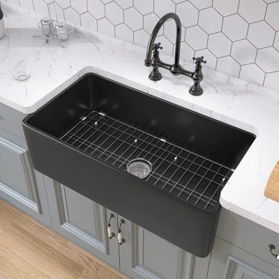 Fireclay Farmhouse Kitchen Sink Apron Front Big Black Farm Sink Single Bowl with Grid & Basket Strainer | Wayfair North America