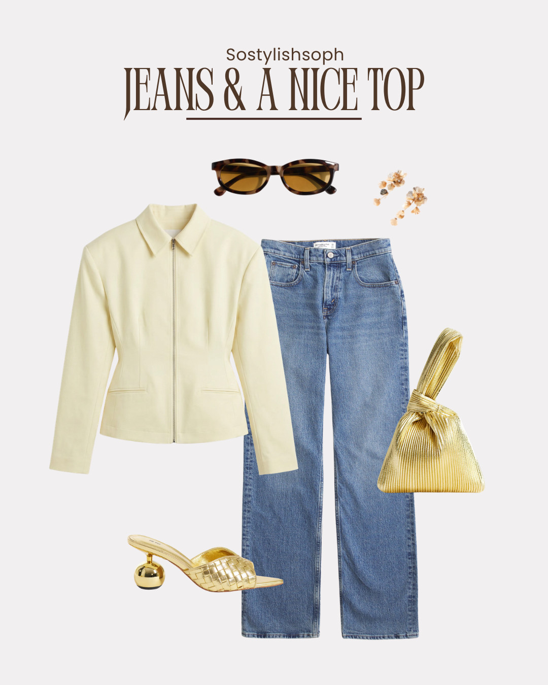 jeans and a nice top, jeans outfit, going out outfit, casual chic look, spring outfit idea, date night outfit, drinks with the girls outfit, neutral jacket, cream blazer, blue straight leg jeans, gold heels, heeled mules, statement ball heel, gold shoulder bag, metallic handbag, pleated gold bag, tortoiseshell sunglasses, brown sunglasses, dainty earrings, neutral tones, smart casual style, elevated basics, everyday look, minimalist outfit, capsule wardrobe style 

 #LTKuk #LTKspring #LTKeurope