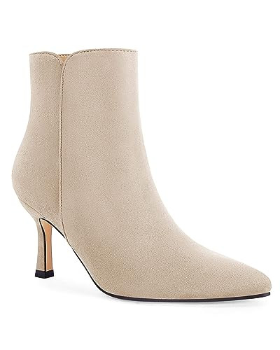 Coutgo Women's Kitten Heel Booties Pointed Toe Low Stiletto Side Zipper Fall Short Ankle Boots Shoes, Beige, Size 9 | Amazon (US)