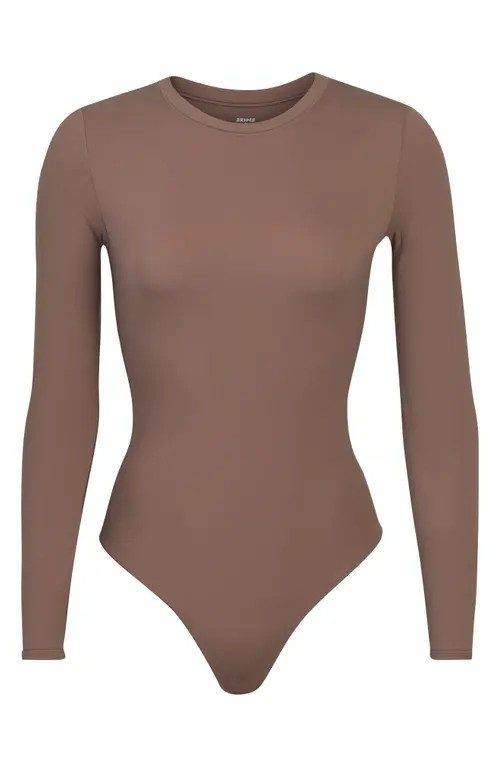 SKIMS Fits Everybody Long Sleeve Thong Bodysuit in Umber at Nordstrom, Size 2X | Nordstrom
