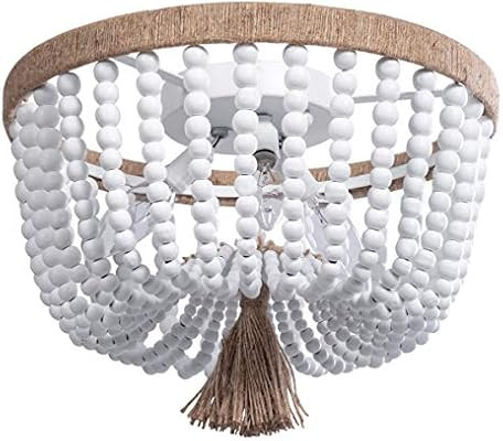 Bohemia Wood Beaded Flush Mount Ceiling Light Antique Rustic Mini Chandelier White Finishing for ... | Amazon (CA)