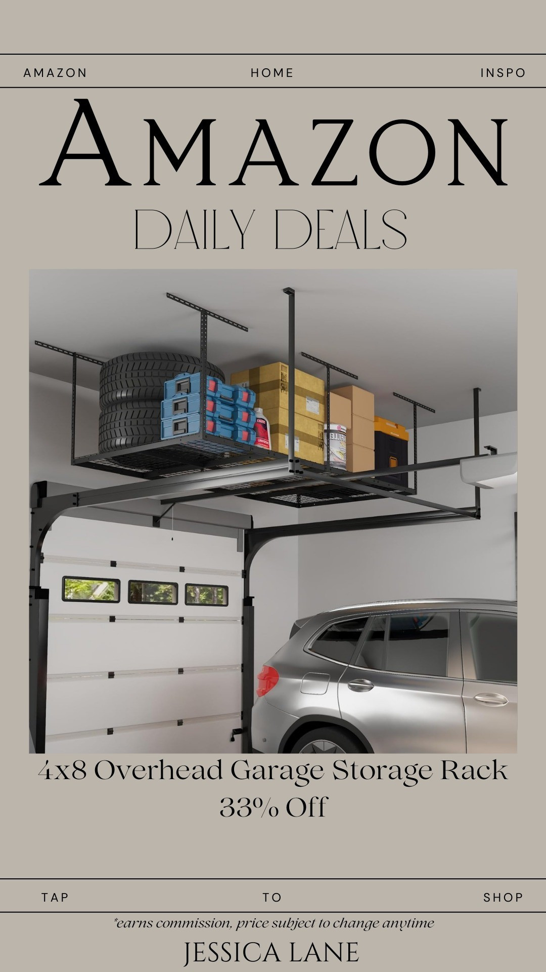 Maximize garage space with an overhead storage rack that gets bulky items off the floor and out of the way. One of my favorite organization upgrades, linked in LTK.#amazondailydeals #ltkhome #garageorganization #storagesolutions #homeupgrade

#LTKHome #LTKSaleAlert #LTKSeasonal