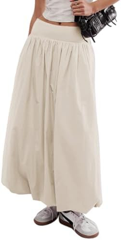 Women Y2k Bubble Maxi Skirt Summer Elastic Low Waist A Line Long Skirt Casual Fairy Ruffle Pleate... | Amazon (US)