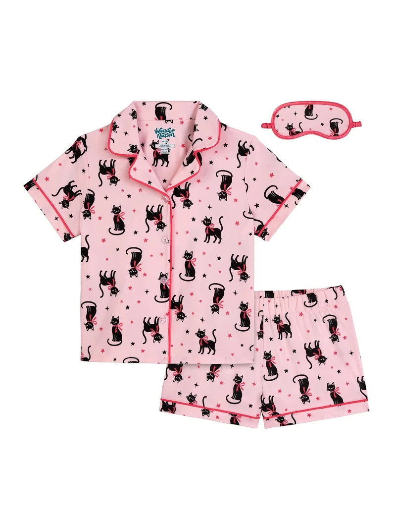 Wonder Nation Girls Short Sleeve Button Front Pajama Top and Shorts Set with Eyemask, 3-Piece, Si... | Walmart (US)