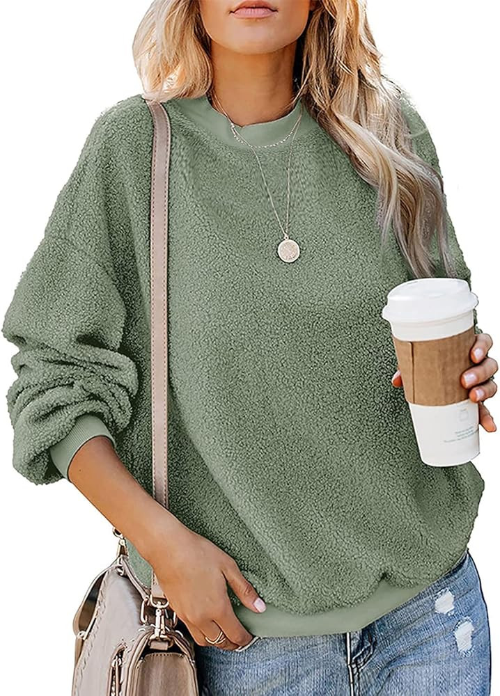 Chuanqi Womens Crewneck Fuzzy Sweatshirt Fleece Sherpa Pullover Long Sleeve Casual Fluffy Winter ... | Amazon (US)