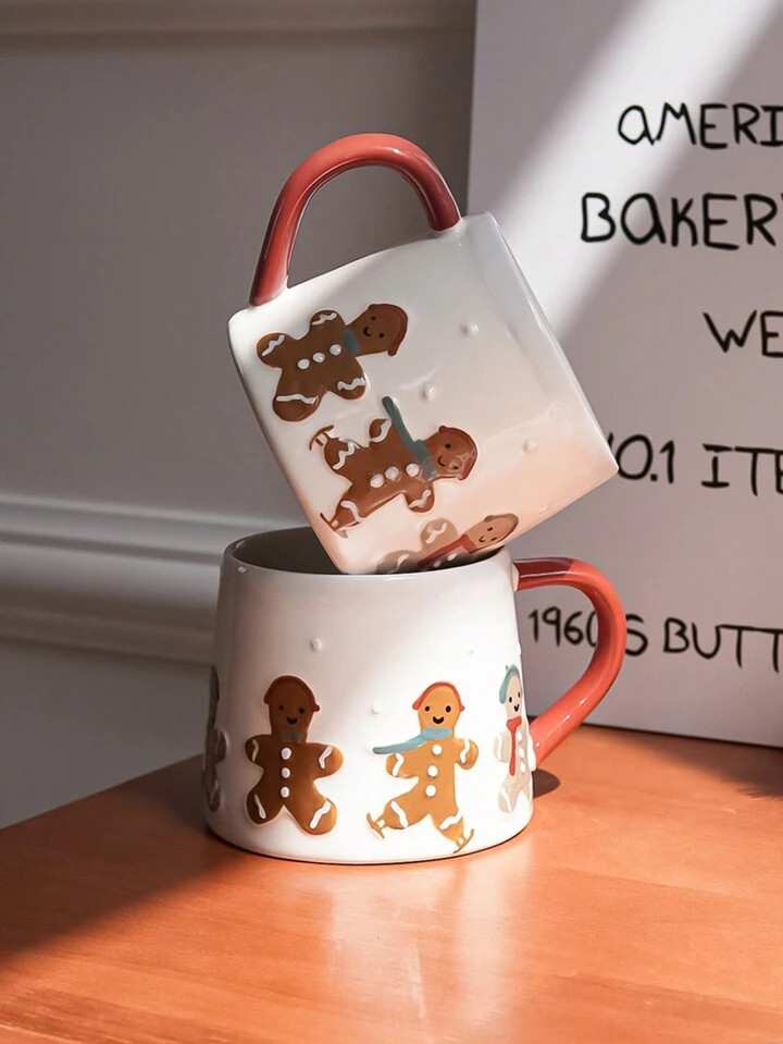 1pc 320ml Hand-Painted Gingerbread Man Ceramic Mug, Multiple Gingerbread & Skiing Patterns, Suita... | SHEIN