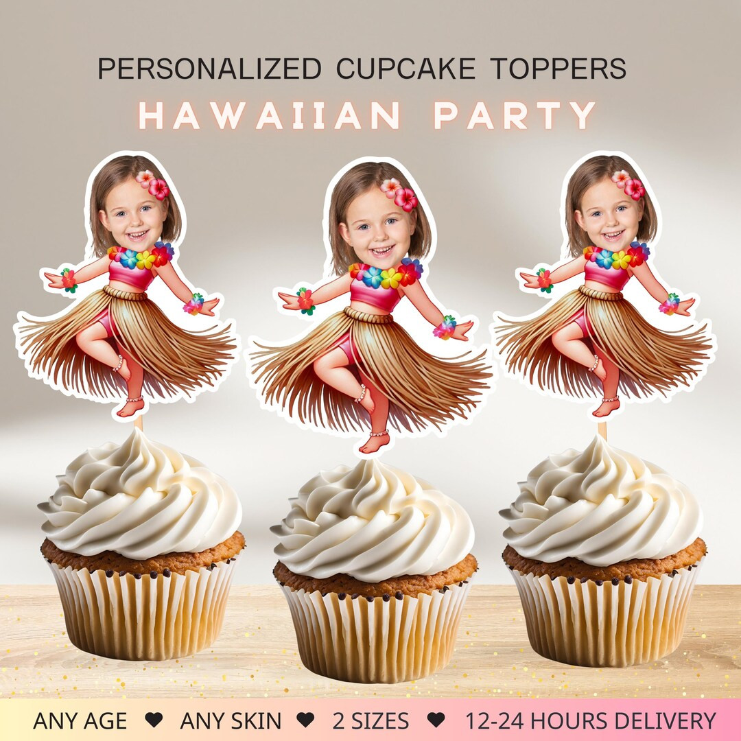 Hawaiian Personalized Face Cupcake Toppers, Hula Girl Photo Toppers, Luau Birthday Party, Digital... | Etsy (US)