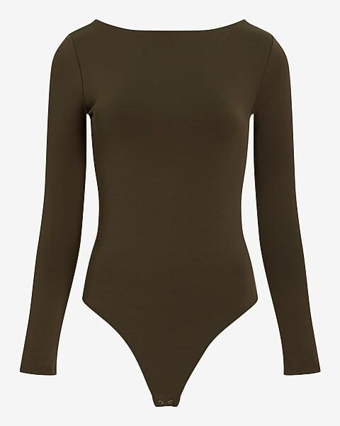 Body Contour Matte Long Sleeve Scoop Back Thong Bodysuit | Express