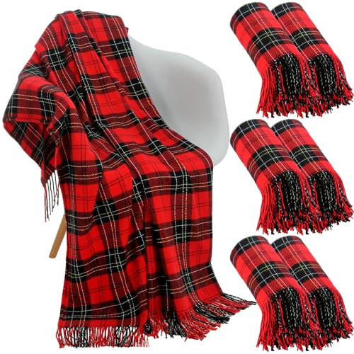 Peryiter 6 Pcs Christmas Red Plaid Throw Blanket Bulk with Tassel 50"x 67" Soft Warm Tartan Chenille Throw Fringe Blankets for Bed Couch Sofa Home Office Xmas Decor Gifts Travel Camping for All Season | Amazon (US)