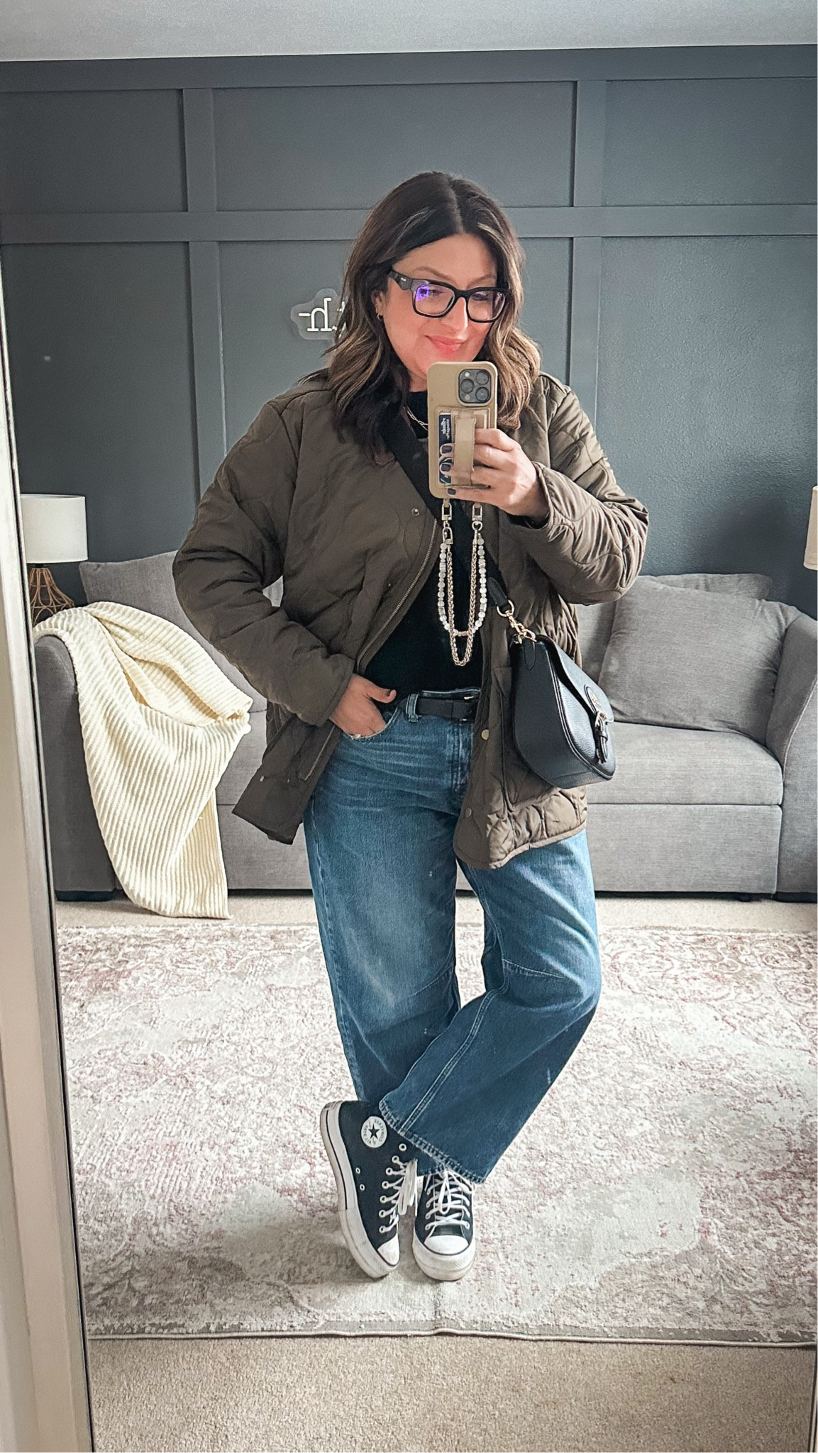 Today’s simple ootd: old navy barn jacket (XL), J. Crew sweater (L), J. Crew belt (L), Madewell barrel leg jeans (31), Platform high top chuck taylor, coach leather crossbody  

#LTKMidsize #LTKOver40 #LTKStyleTip