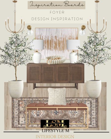 Console table, leather bench, throw pillow, white tree planter pot, brown runner, wood floor tile, table lamp, decorative bowl, wall art, brass sconce, brass foyer chandelier.

#LTKstyletip #LTKFind #LTKhome