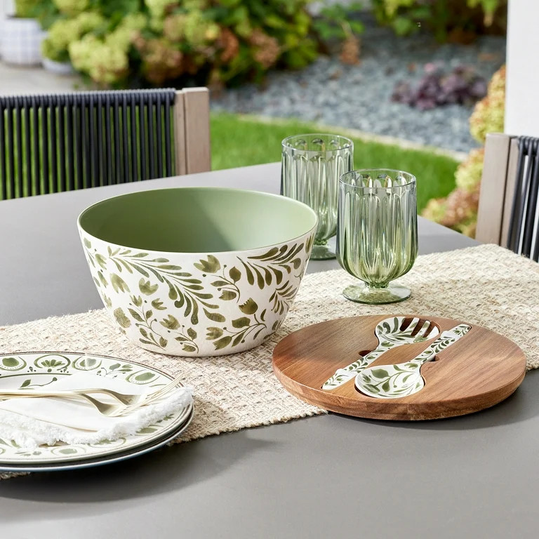 Better Homes & Gardens 4-Piece Bamboo Melamine Salad Serving Bowl and Utensil Set with Acacia Woo... | Walmart (US)