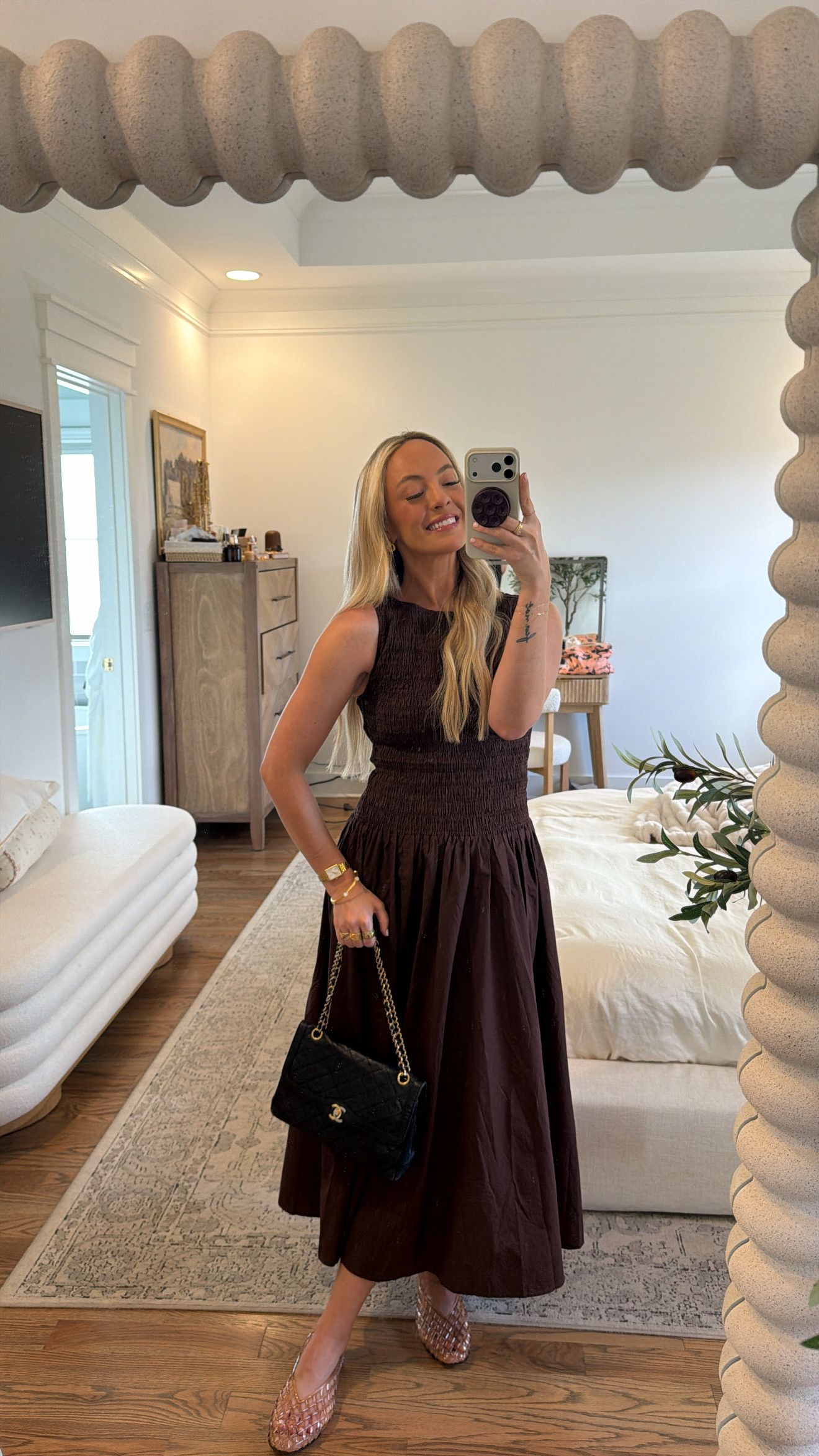 Chocolate brown is having a major fall moment 🤎 This smocked midi dress is such an easy fall outfit with woven flats, gold jewelry and a classic Chanel bag. Perfect for a fall date night, brunch, dinner or any time you want to look put together without overthinking it

#LTKSeasonal #LTKdayinmylife #LTKootd