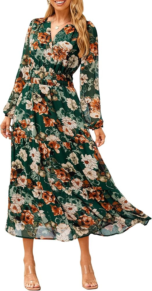 Simplee Women's Floral Boho Long Sleeve Maxi Dress V Neck Empire Waist Swing Flowy Wedding Guest ... | Amazon (US)