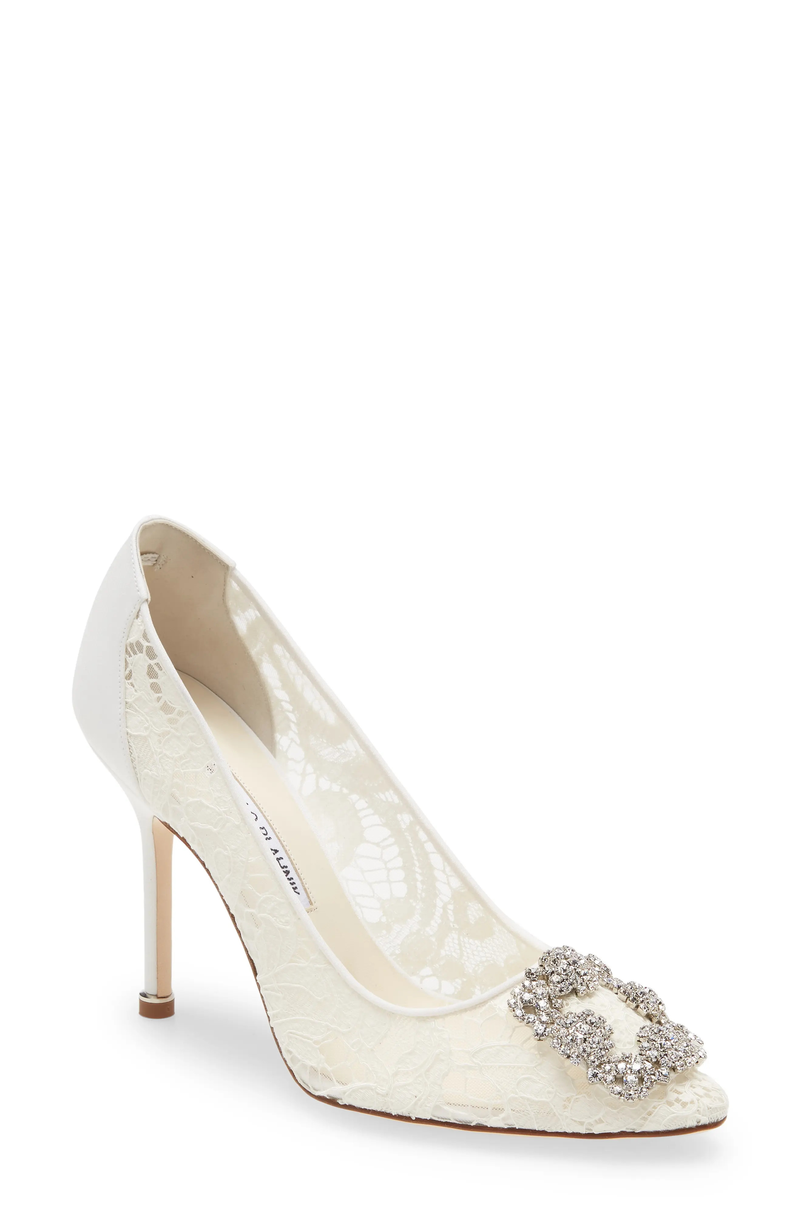 Manolo Blahnik Hangisi Lace Pointed Toe Pump in Cream at Nordstrom, Size 6.5Us | Nordstrom
