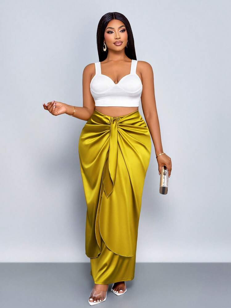 SOLERSUN SOLERSUN Plus Size Women's Faii And Winter Elegant Simple Romantic Tie Front Satin Maxi Skirt,Versatile For Date, Double Layered Tied Skirt For Dance Party, Ginger Yellow Cocoon Wrapped Design Skirt | SHEIN