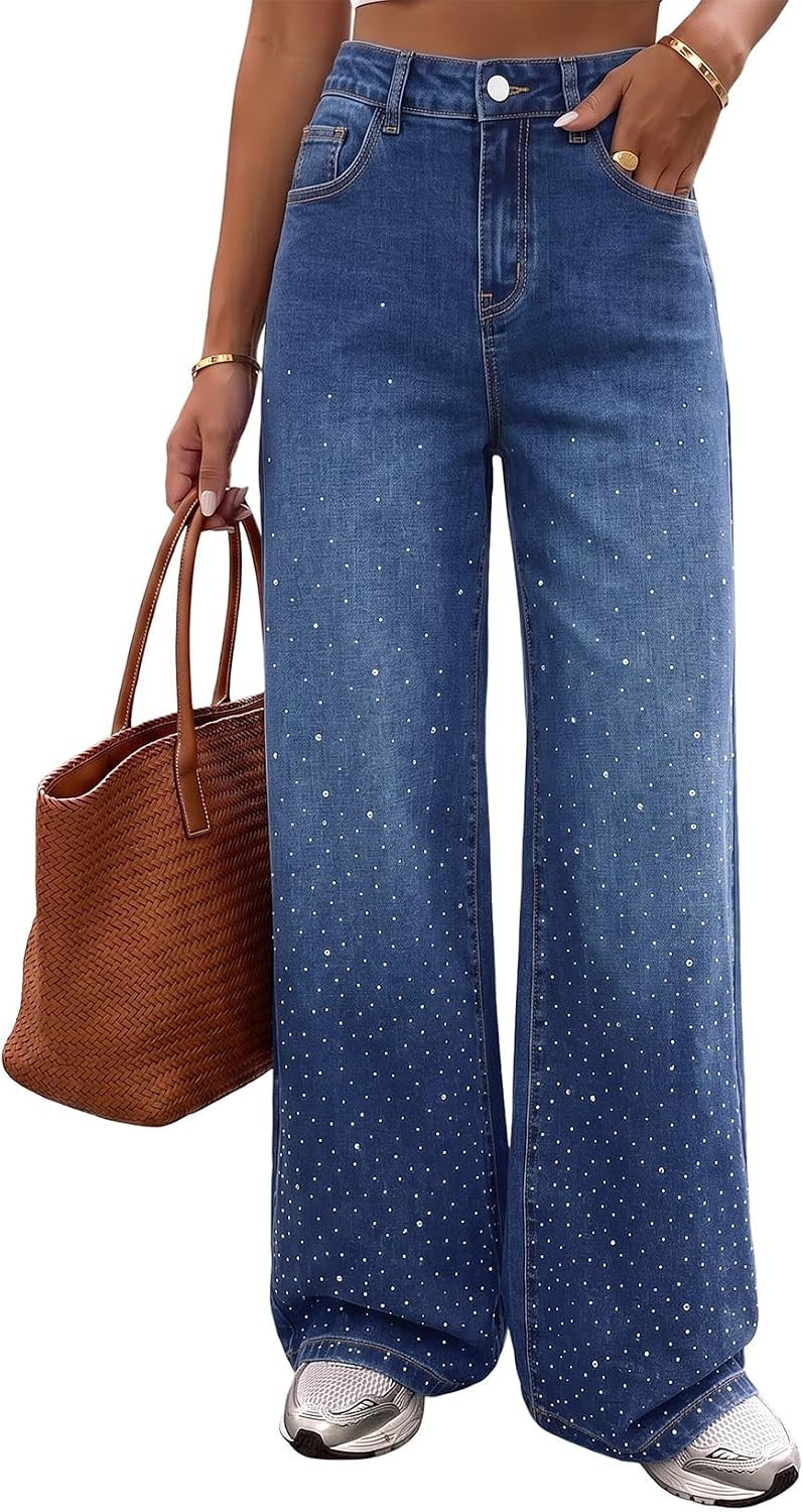 Dokotoo Womens Jeans Stretchy Wide Leg Jeans Rhinestone Trendy Denim Pants | Amazon (US)