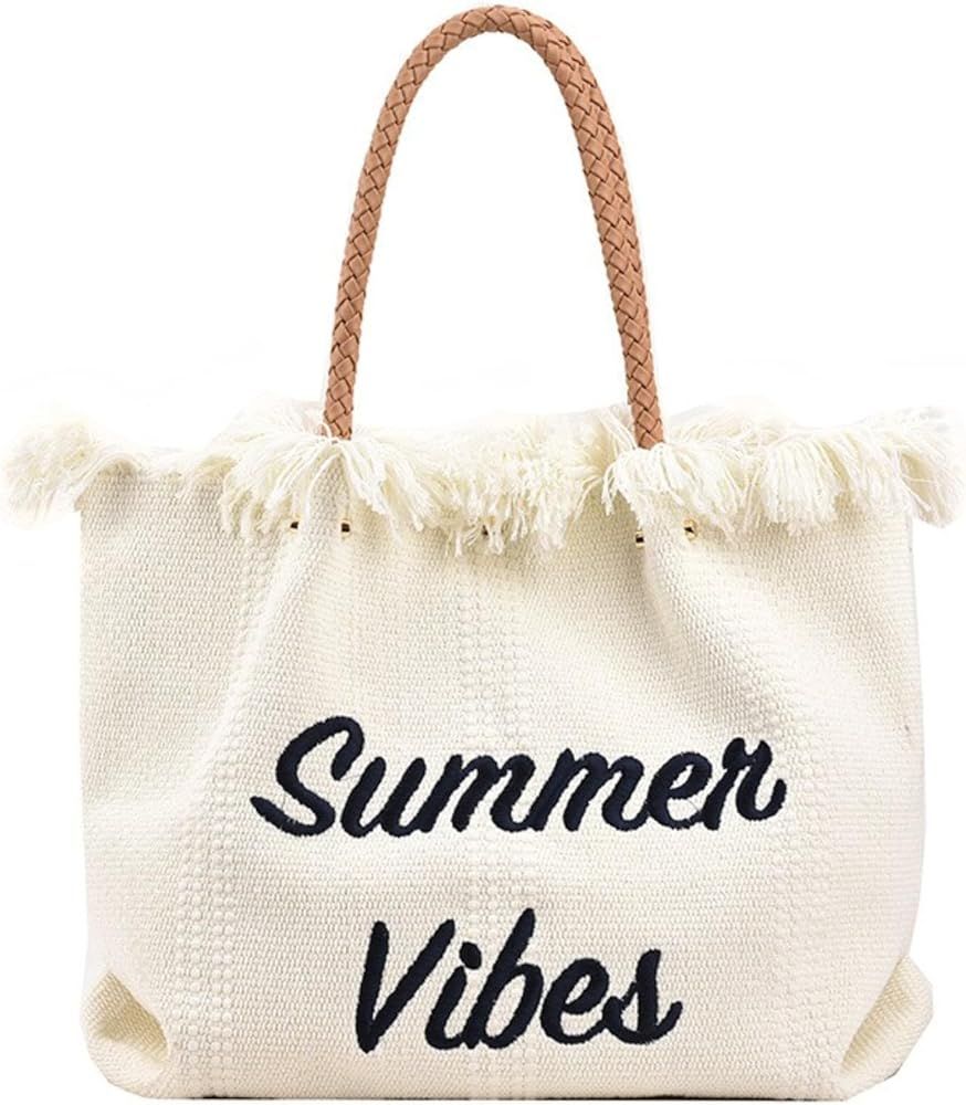 Large Beach Bag Tote Bag for Women Summer Vibe Shoulder Bag with Tassels Aesthetic Handbag for Va... | Amazon (US)