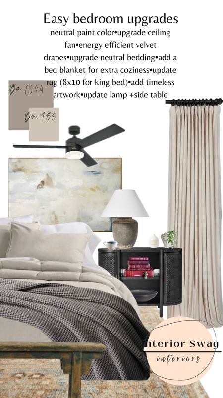 Bedroom refresh details, velvet blackout curtains, fresh soft bedding, side table, urn lamp, matte black ceiling fan 
Target, Walmart, amazon

#LTKFind #LTKhome #LTKunder100