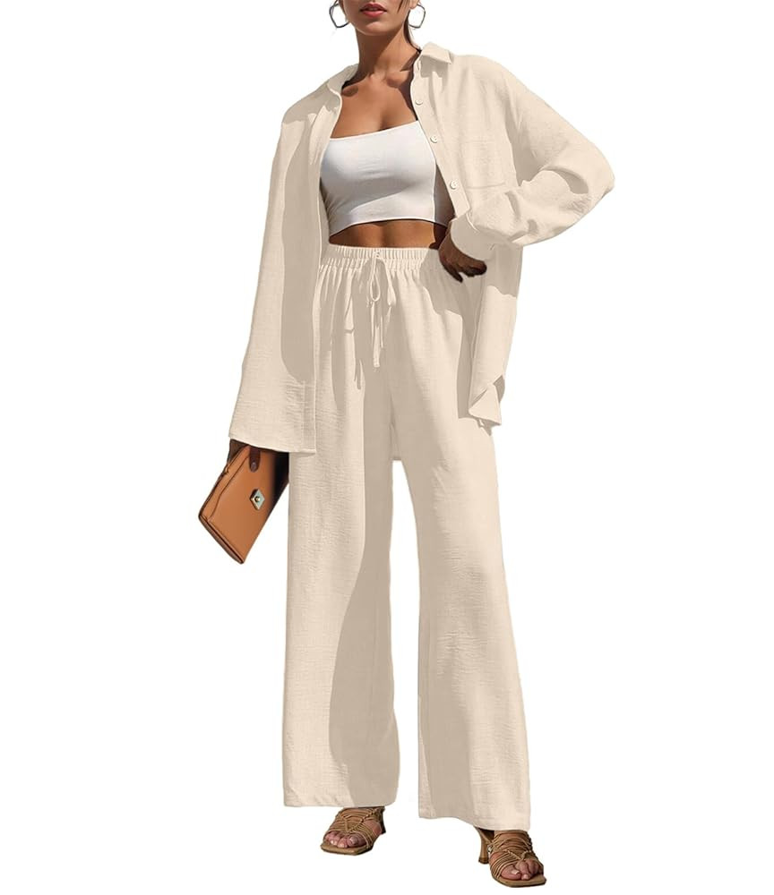 Lepunuo 2 Piece Outfits for Women Casual Lounge Sets Long Sleeve Button Down Shirts and Wide Leg ... | Amazon (US)