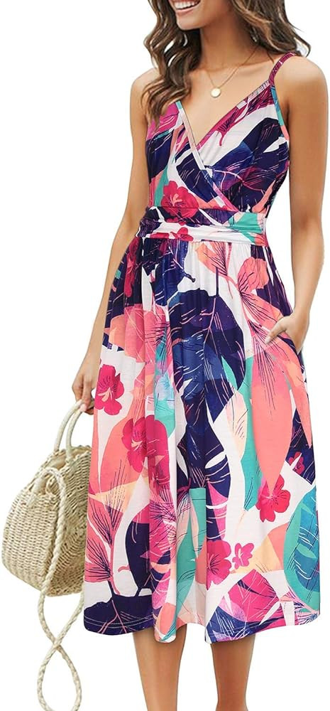 OUGES Women's Summer Spaghetti Strap V-Neck Floral Short Party Dress with Pockets | Amazon (US)
