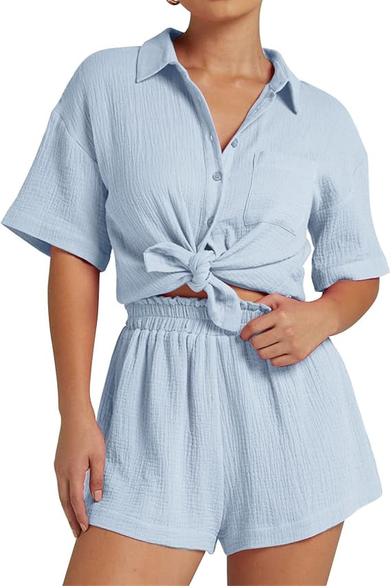 PEHMEA Women's Casual 2 Piece Outfits Cotton Linen Button Down Shirt Top Paper Bag Shorts Sets Tr... | Amazon (US)