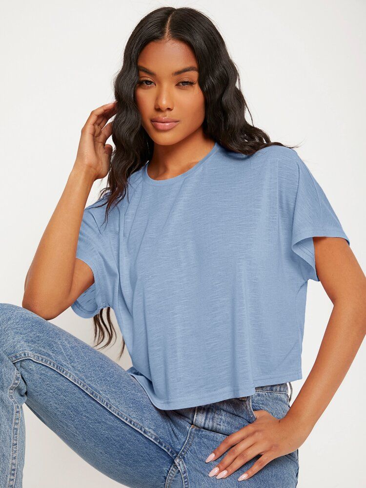 SHEIN BASICS Batwing Sleeve Solid Tee | SHEIN