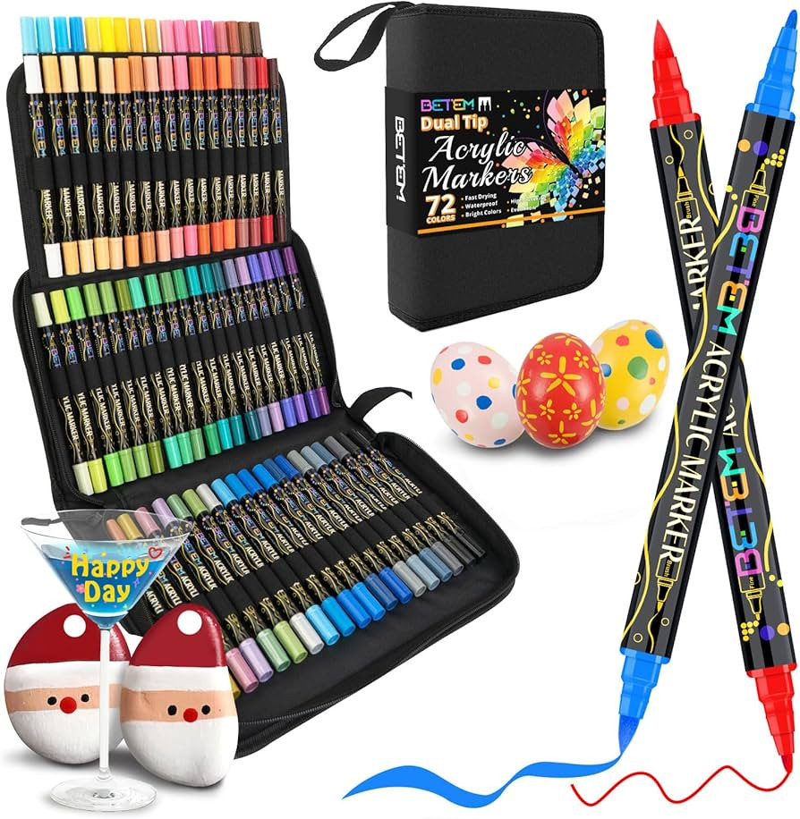 Betem Paint Markers Acrylic Paint Pens, Dual Tip 72 Colors Acrylic Markers with Brush Tip and Fin... | Amazon (US)