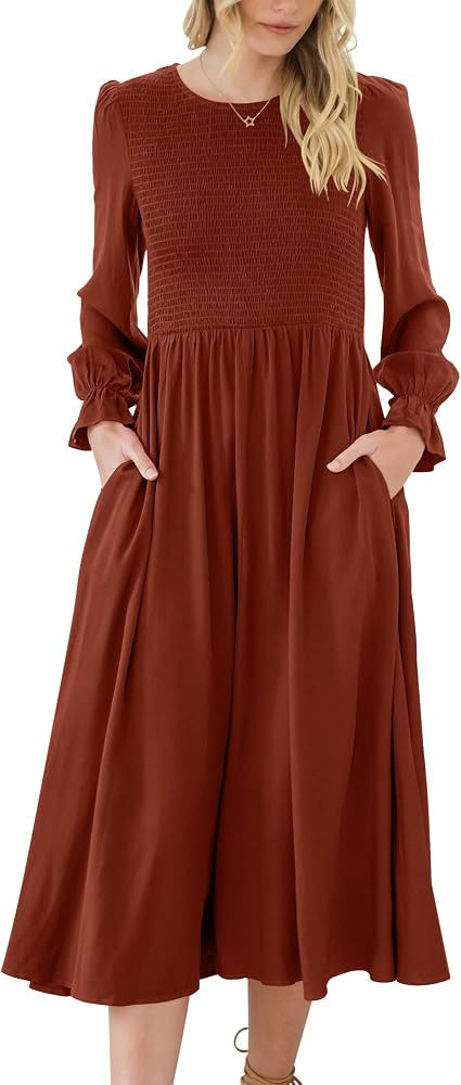 ANRABESS Women's Casual Crew Neck Long Puff Sleeve Smocked High Waist Flowy Midi Dress | Amazon (US)
