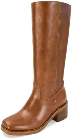 Womens Banana Knee High Boots Square Toe Comfortable Campus Boots Block Heel Riding Boots Wide Ca... | Amazon (US)
