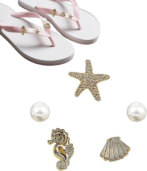 5pcs Cute Gold Flip Flop Charms for Sandal Beach Ocean Jewelry Shoe Accessories for Straps with 4... | Amazon (US)