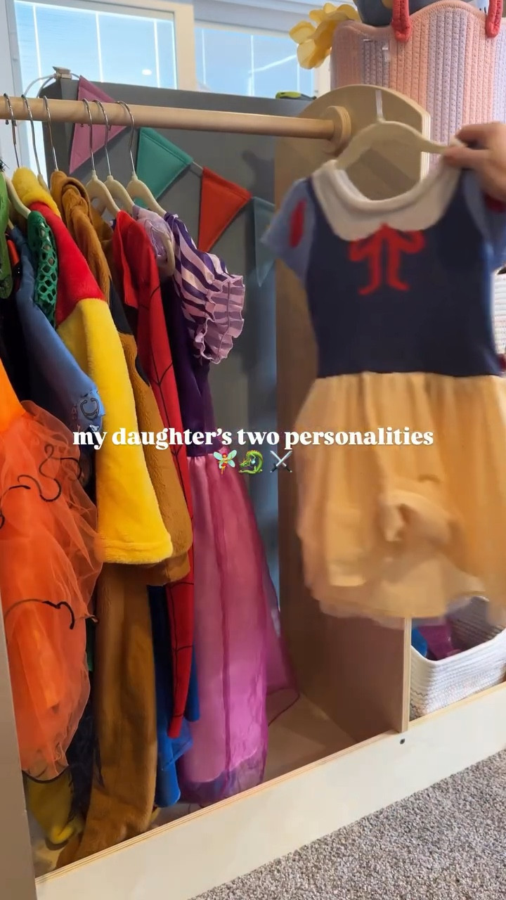Raise yourself a girl that can do both 🧚‍♀️🐉⚔️ I think our dress-up shelf represents her perfectly 🤩 

#sahm #toddlermom #girlmom #momlife