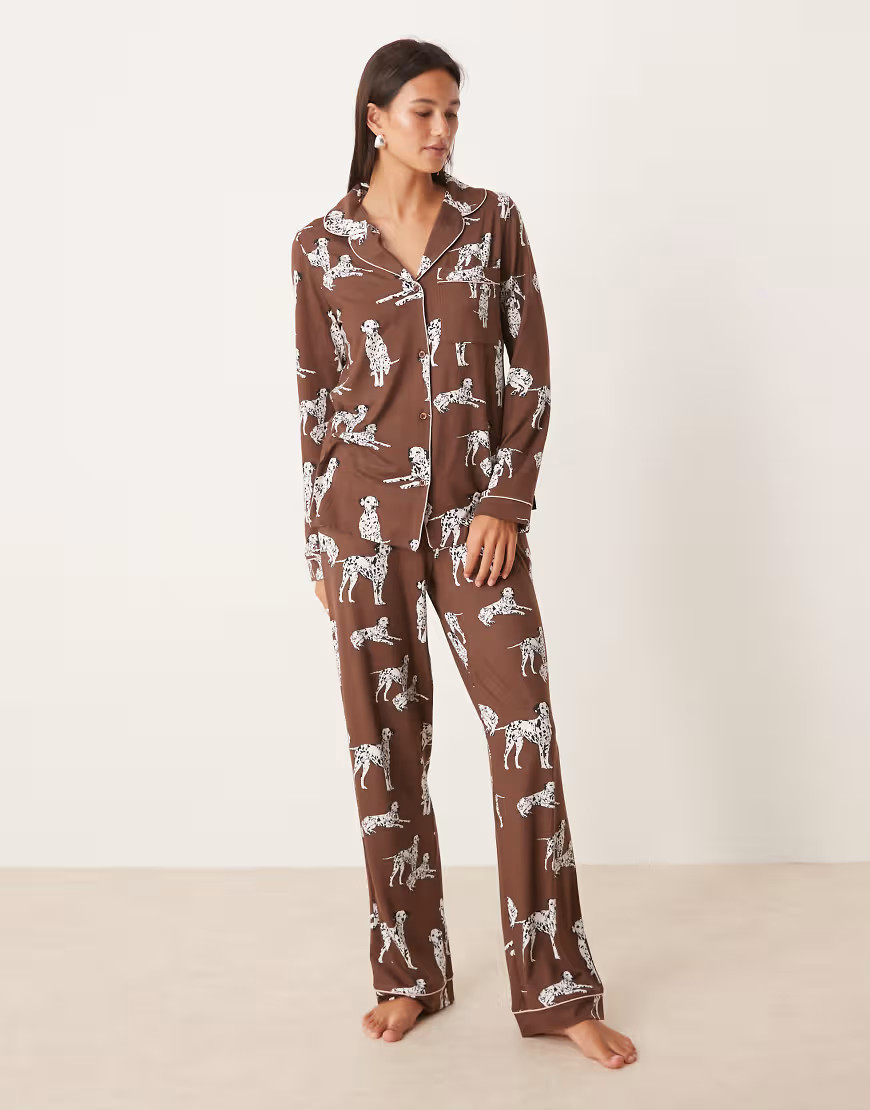 Chelsea Peers Exclusive Dalmation long sleeve revere top & pant pajama set in chocolate browns | ASOS (Global)