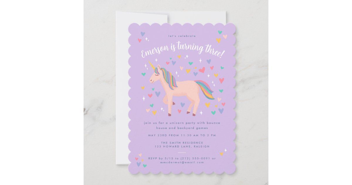Lilac Purple Pastel Rainbow Unicorn Birthday Party Invitation | Zazzle | Zazzle