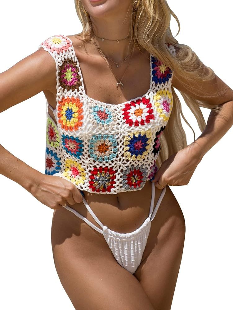 SHENHE Women's Sheer Floral Crochet Square Neck Sleeveless Cover Up Tank Crop Tops | Amazon (CA)
