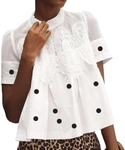 Women Lace Trim Blouse Mesh See Through Puff Short Sleeve Ruffle Pleated Shirts Mock Neck Summer ... | Amazon (US)