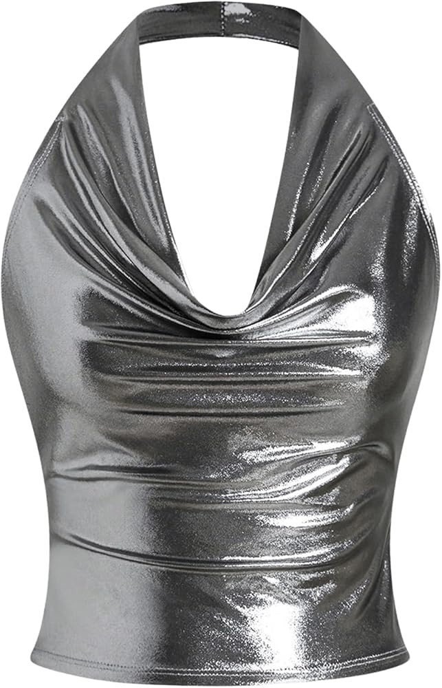 SOLY HUX Women's Metallic Cowl Neck Halter Top Open Back Y2k Leather Crop Tank Tops Streetwear | Amazon (US)