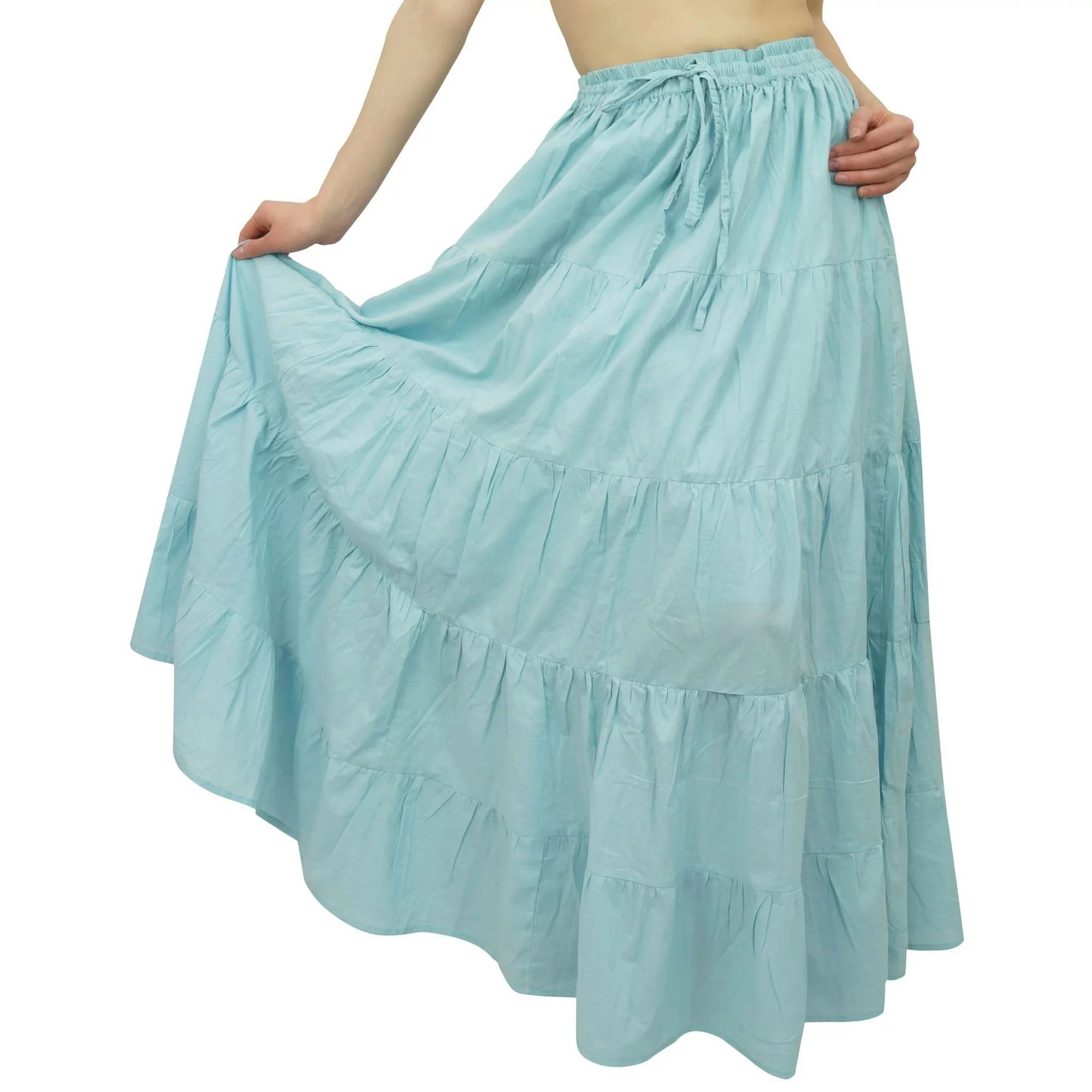 Bimba Women's Long Cotton Skirt Blue Boho Style Maxi Elastic Waist Bottom -S | Walmart (US)