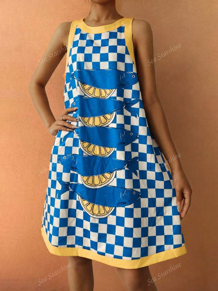 Beach Vacation Spring Summer Women's Oversized Fashion Casual Blue And White Plaid Contrast Lemon Sardine Printed Color Clash Vest Dresses Brunch Outfits For Women | SHEIN