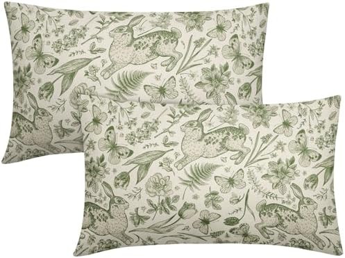 Spring Green Pillow Covers 12x20 Inch Set of 2 Rabbit Bunny Floral Leaf Butterfly Botanical Plant... | Amazon (US)