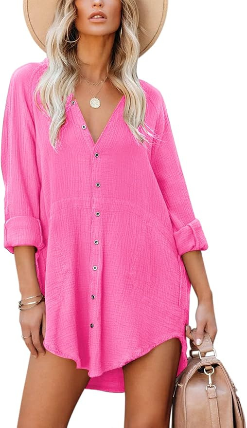 Women's Summer Long Sleeve Beach Cover-ups Casual Button Down Dresses Shirt Oversized Tunic Dress... | Amazon (US)
