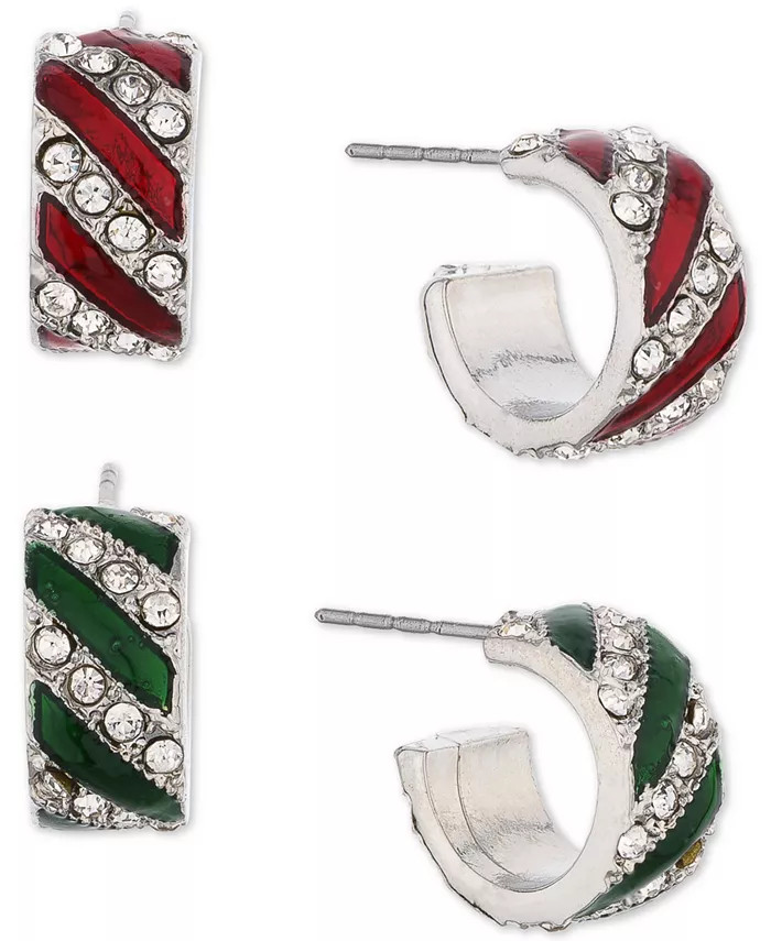 Holiday Lane Silver-Tone 2-Pc. Set Small Pavé Red & Green Candy Striped Huggie Hoop Earrings, 0.... | Macy's