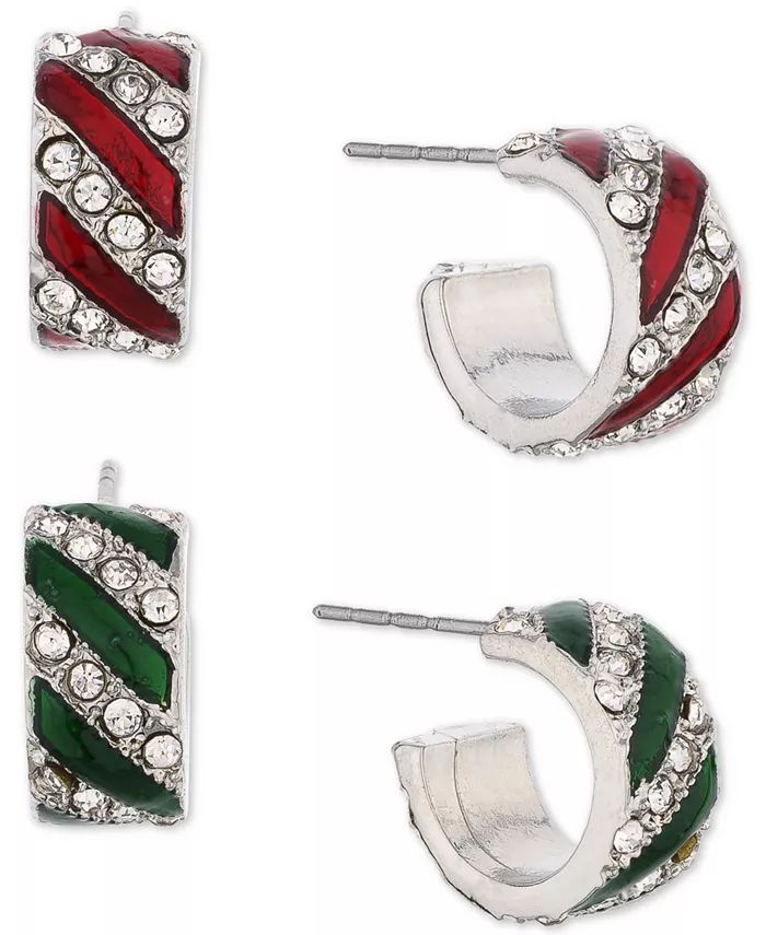 Silver-Tone 2-Pc. Set Small Pavé Red & Green Candy Striped Huggie Hoop Earrings, 0.5", Created f... | Macys (US)