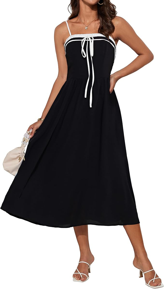 GRACE KARIN Women's 2025 Summer Spaghetti Strap Midi Dress Square Neck A Line Flowy Dress Tie Fro... | Amazon (US)