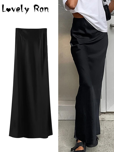 Saia longa preta cetim feminina, cintura alta, saia com quadril, moda feminina casual solta de st... | Aliexpress BR (BR)