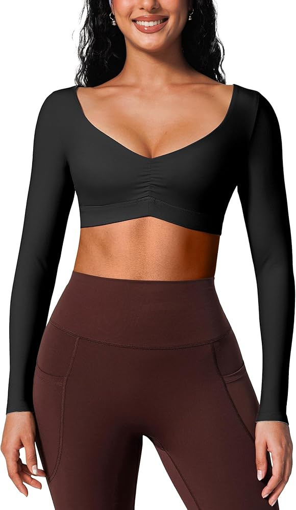 BRXL Long Sleeve Workout Crop Top for Women Built in Bra Gym Athletic Tops Deep V Neck Ruched Pad... | Amazon (US)
