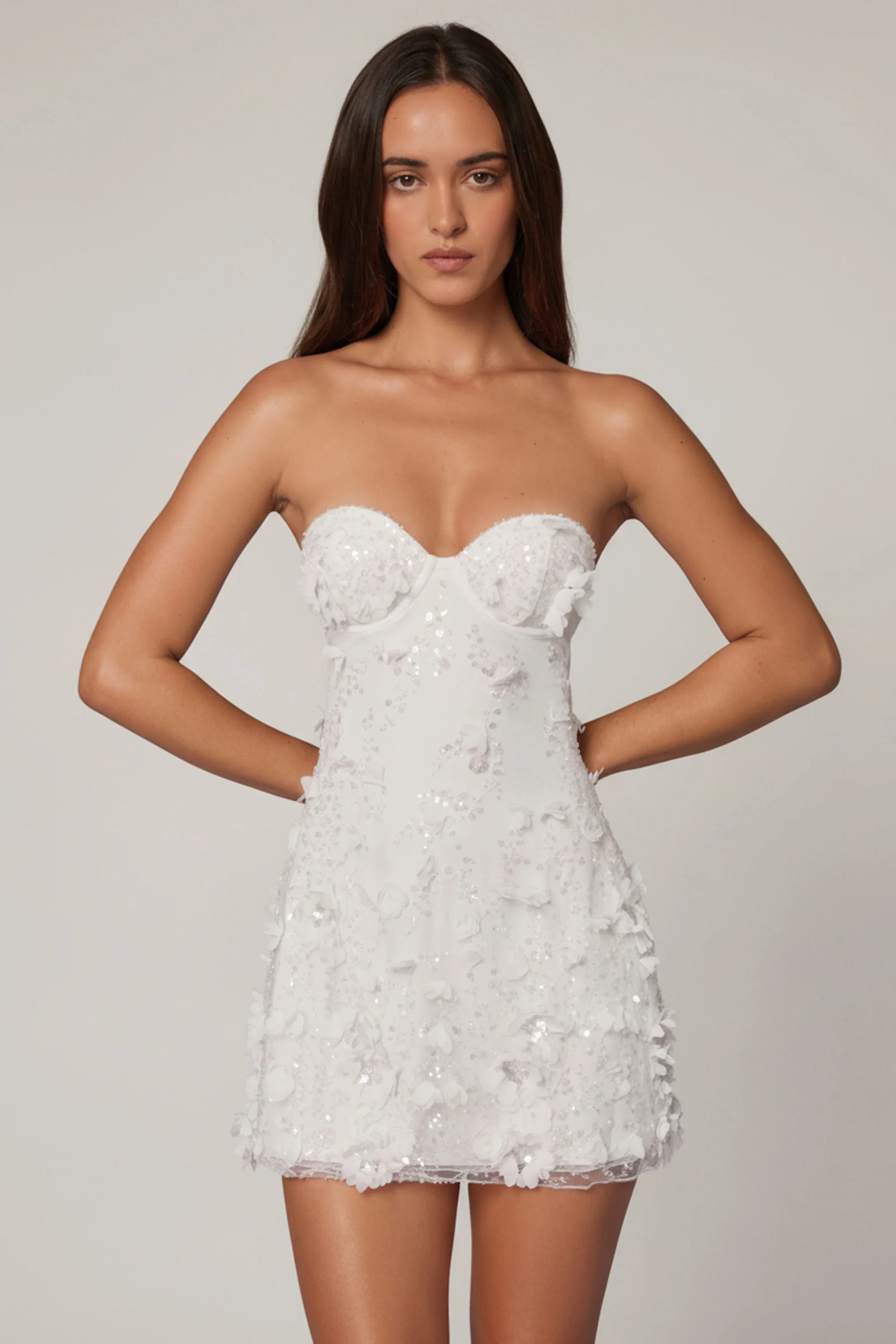 Embellished Bandeau A-line Mini Dress in White | Oh Polly