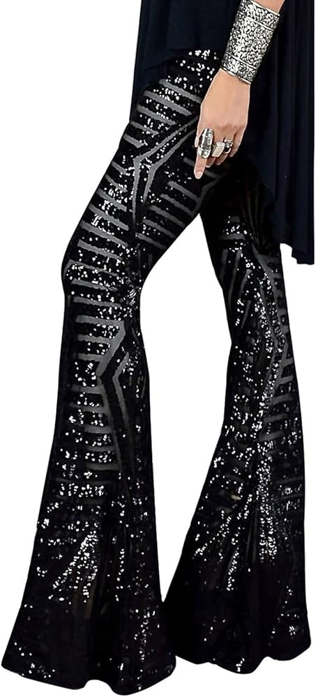EVALESS Women Sequin Pants Sparkly Glitter High Waisted Wide Leg Flare Trousers Bell Bottom Night... | Amazon (US)